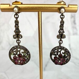 Vintage Gerard Yosca Antiqued Dangle Earrings Swarovski Crystals Missing Stones